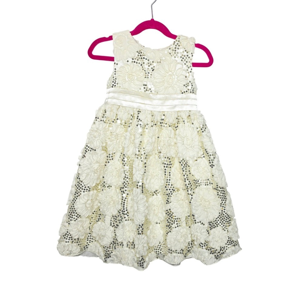 American Princess Girls Ivory Rosette Sequin Special Occasion Dress Size 5 90966